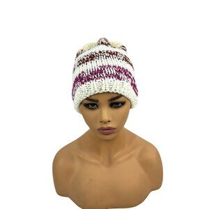 Knitted Striped Womens Winter Beanie Hat Warm Stretchy Burgundy/Purple/White